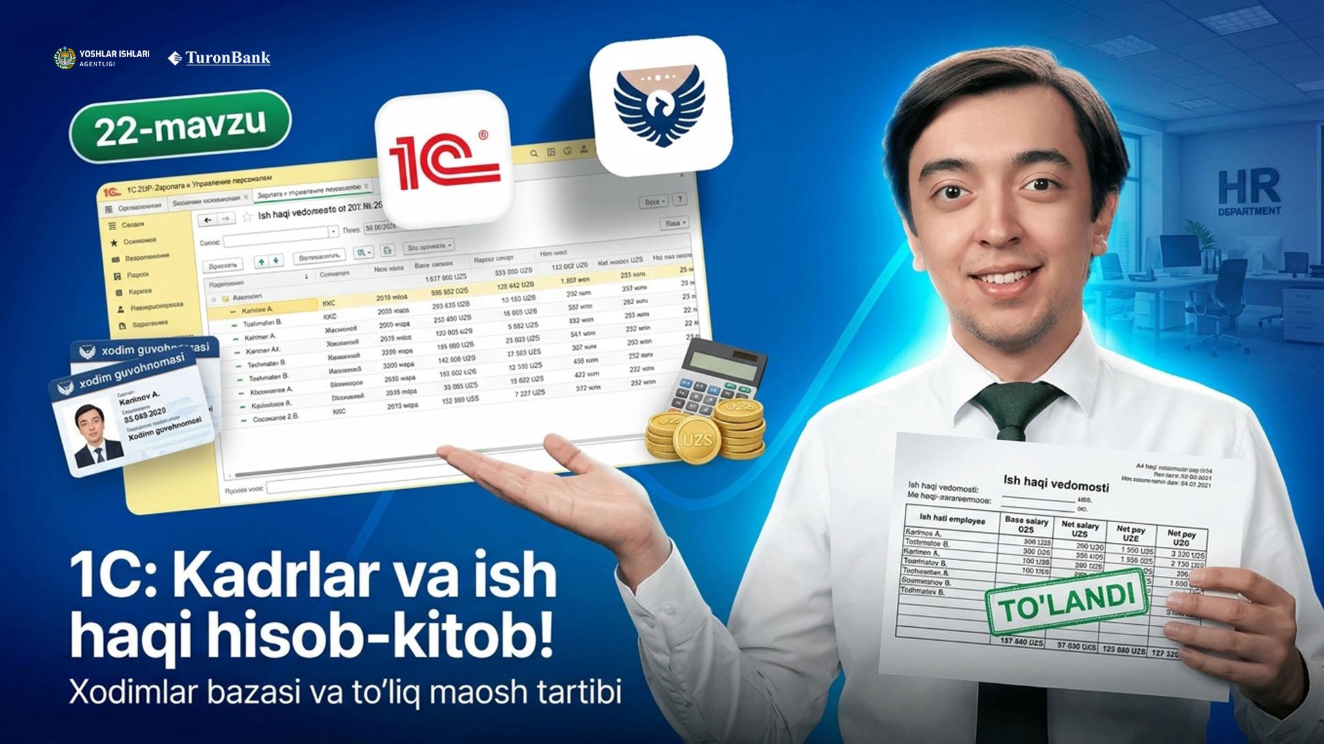  1C- Dasturida Kadrlar  ishi va Xodimlar bilan to’liq hisob kitob (oylik, otpuska, balnichni, dekretni, moddiy yordam, bonus va mukofotlar hisob kitobi)